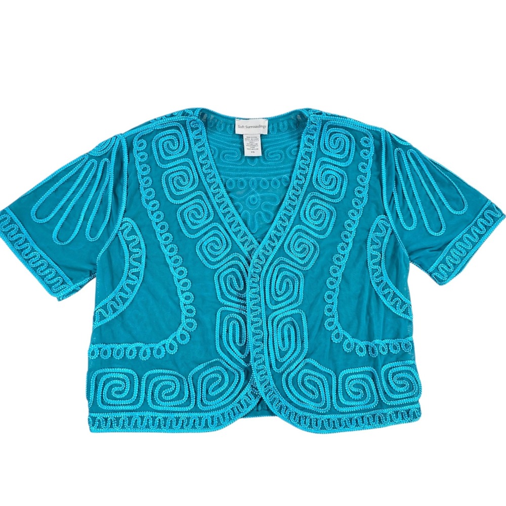 Soft Surroundings Soutache Embroidered Bolero Turquoise XS Women Shrug